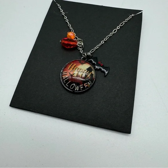 Halloween Necklace 18 inches with Extender Black Silver Orange Costume Jewelry - Picture 2 of 5